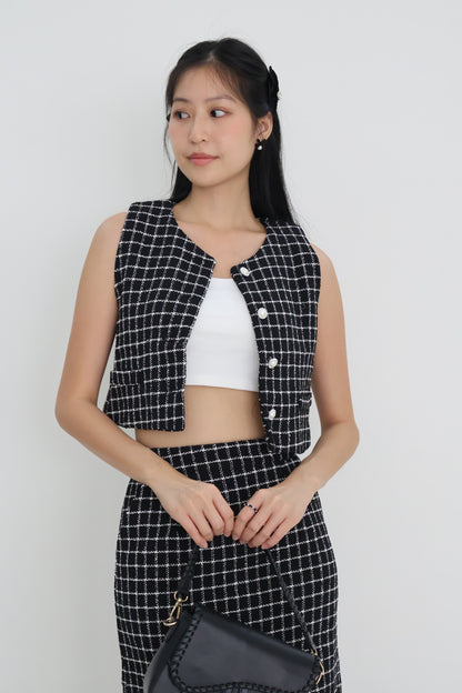 *Premium* Aura Tweed Pearl Button Midi Skirt Co-Ords In Black