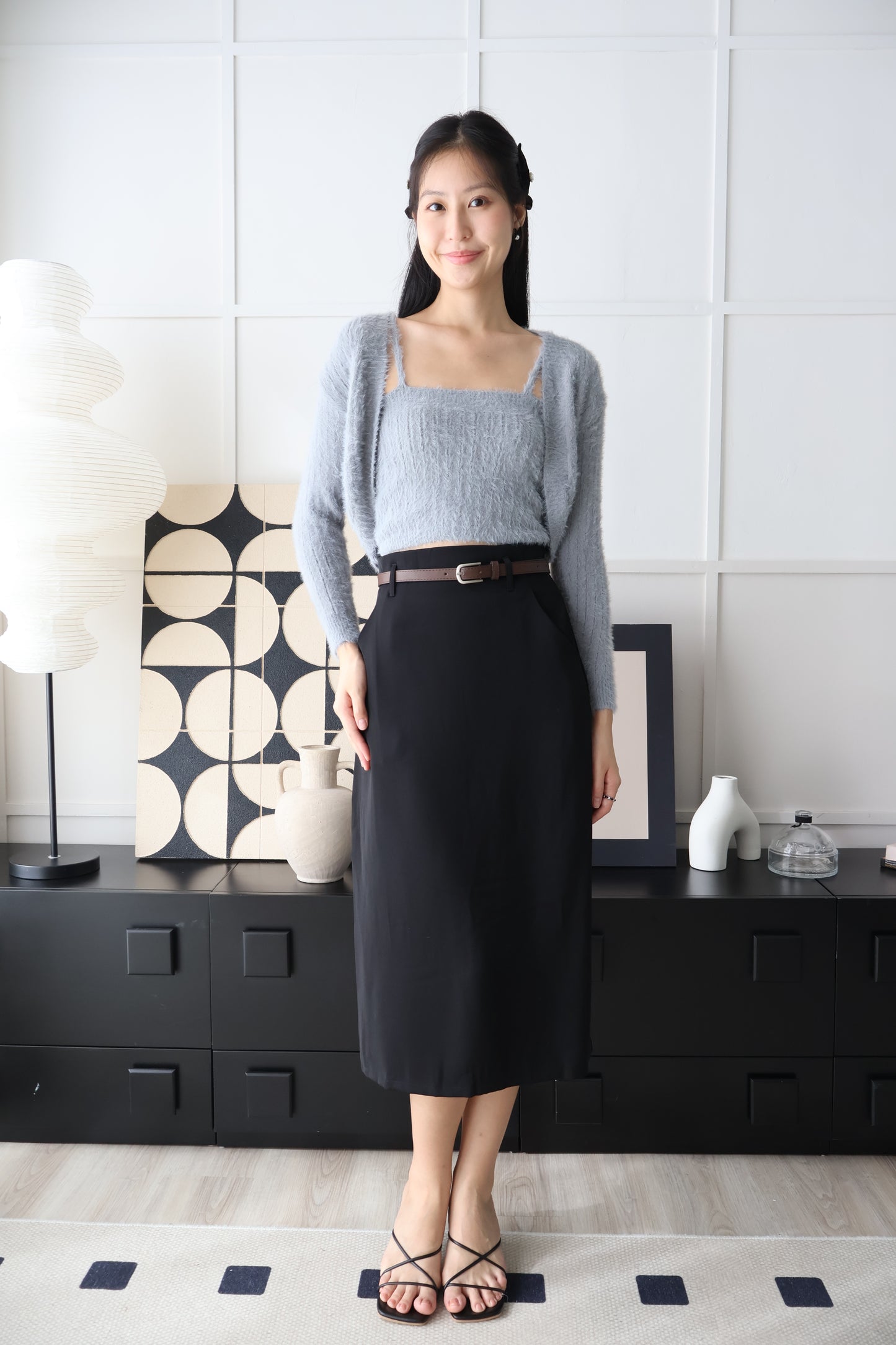 First Crush Furry Cardigan Set In Grey Blue