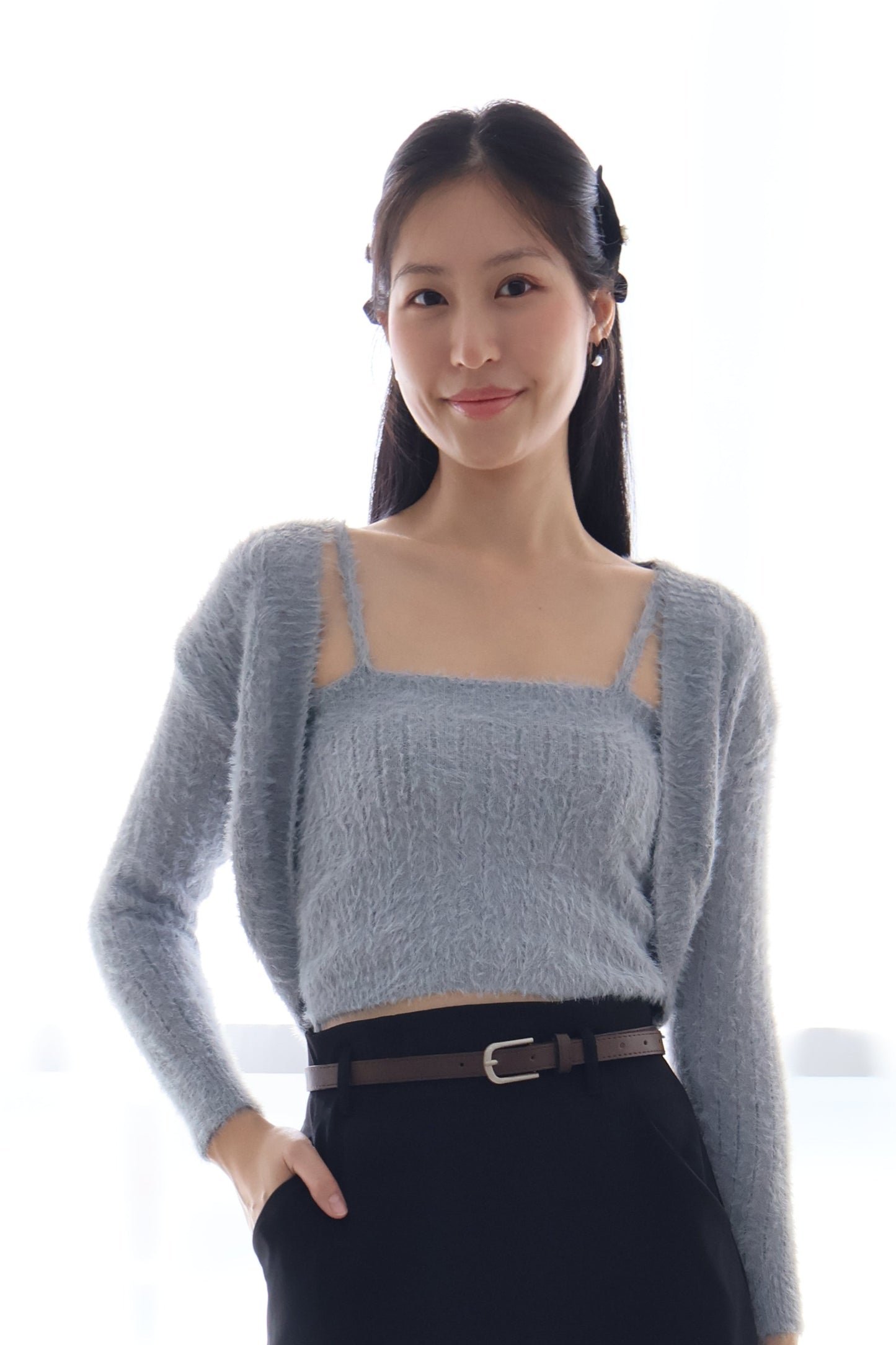 First Crush Furry Cardigan Set In Grey Blue