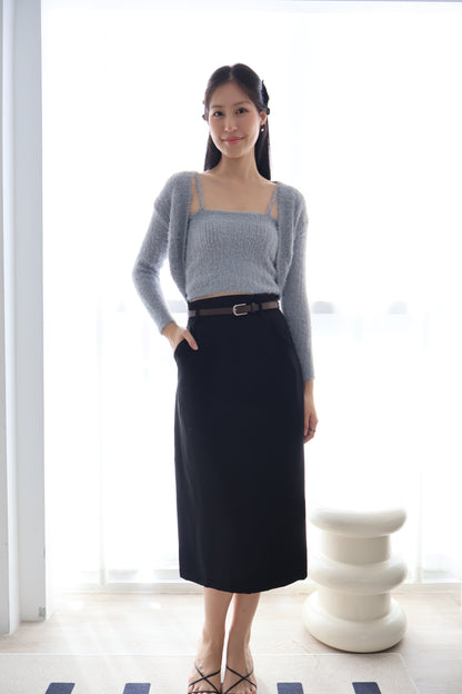 Bloom Belted Midi A-Line Skirt In Black