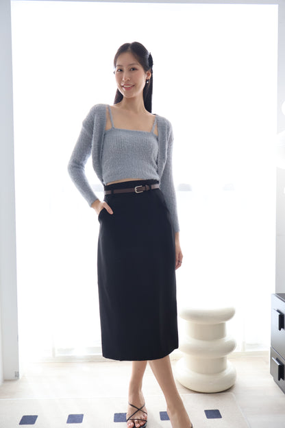 First Crush Furry Cardigan Set In Grey Blue