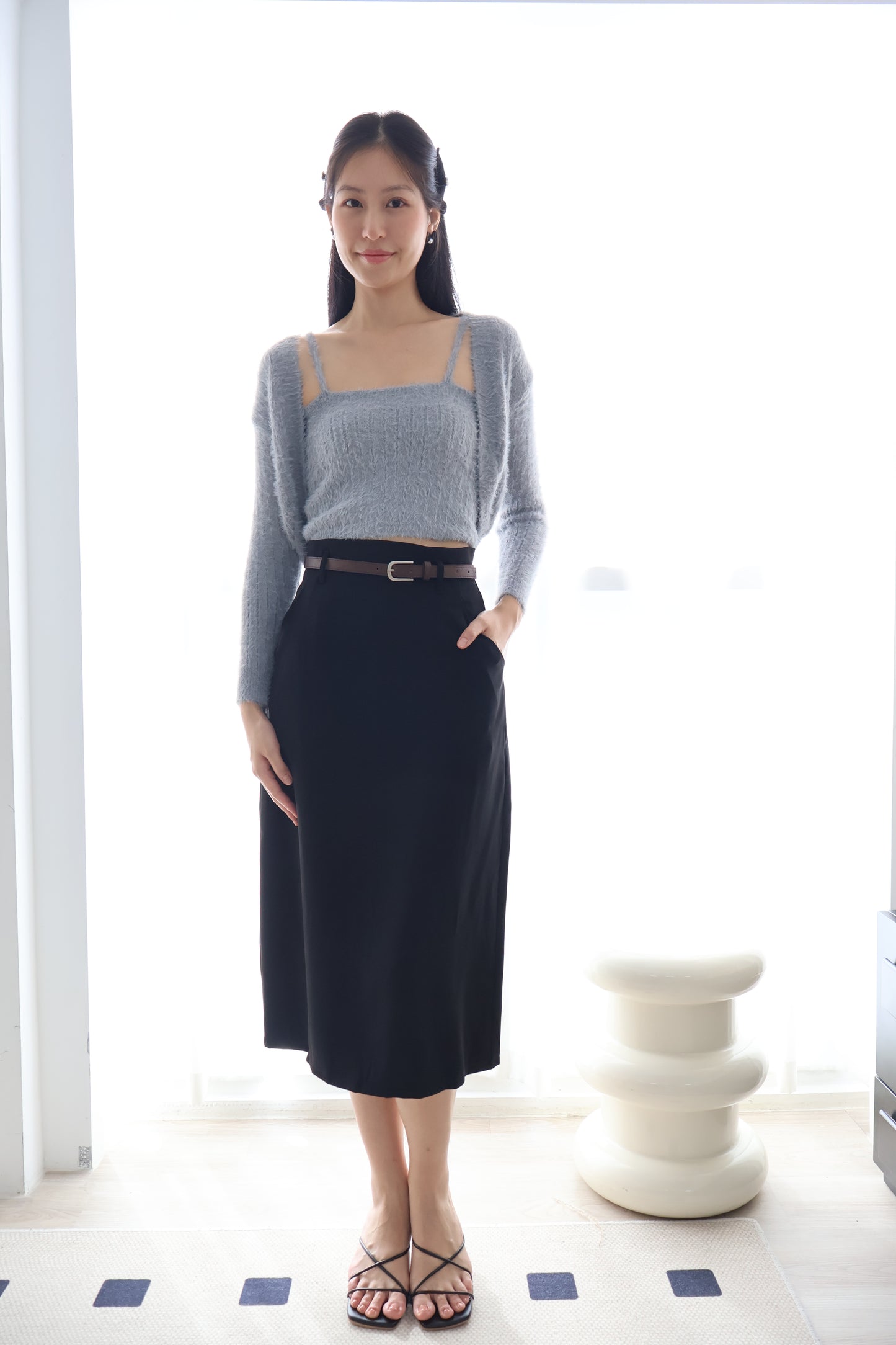 First Crush Furry Cardigan Set In Grey Blue