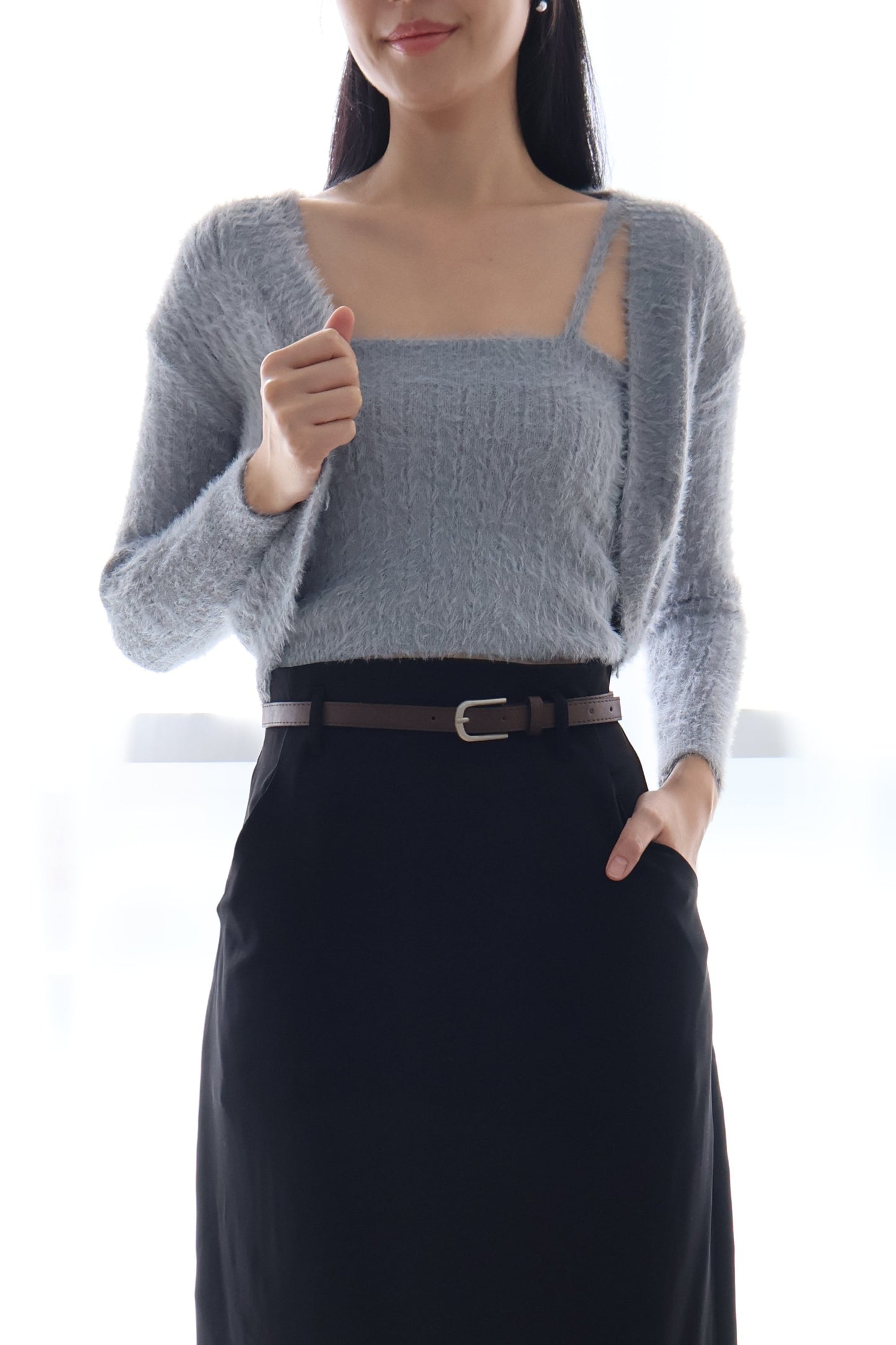 First Crush Furry Cardigan Set In Grey Blue