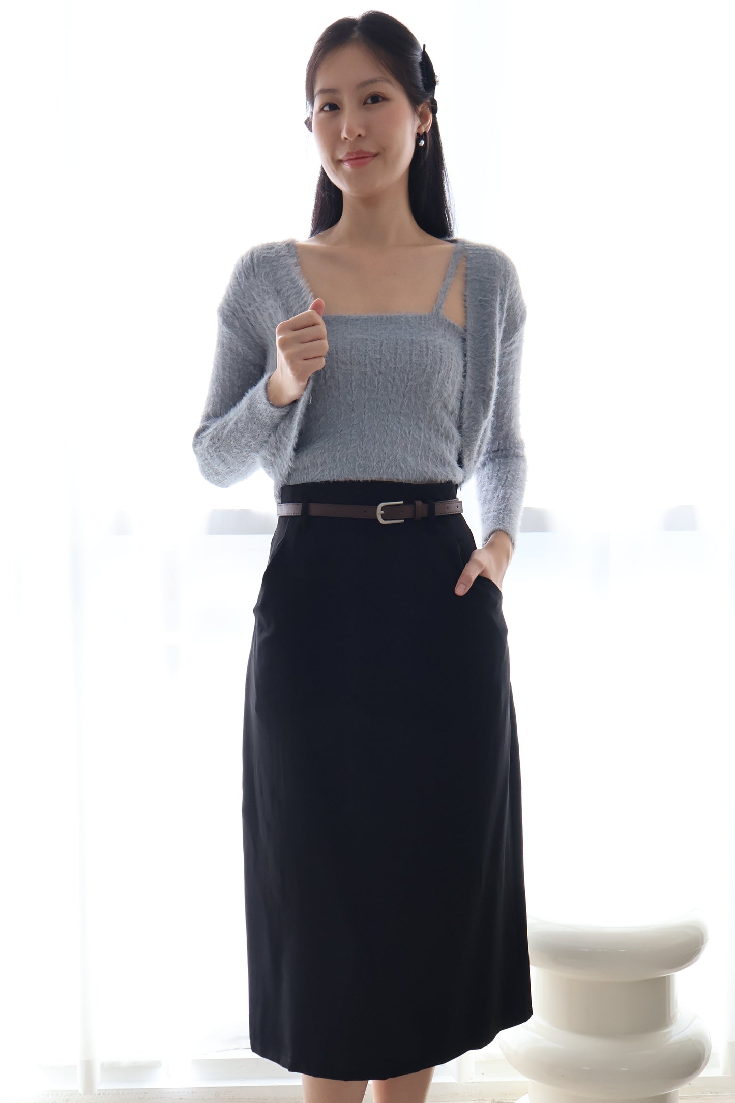 Bloom Belted Midi A-Line Skirt In Black