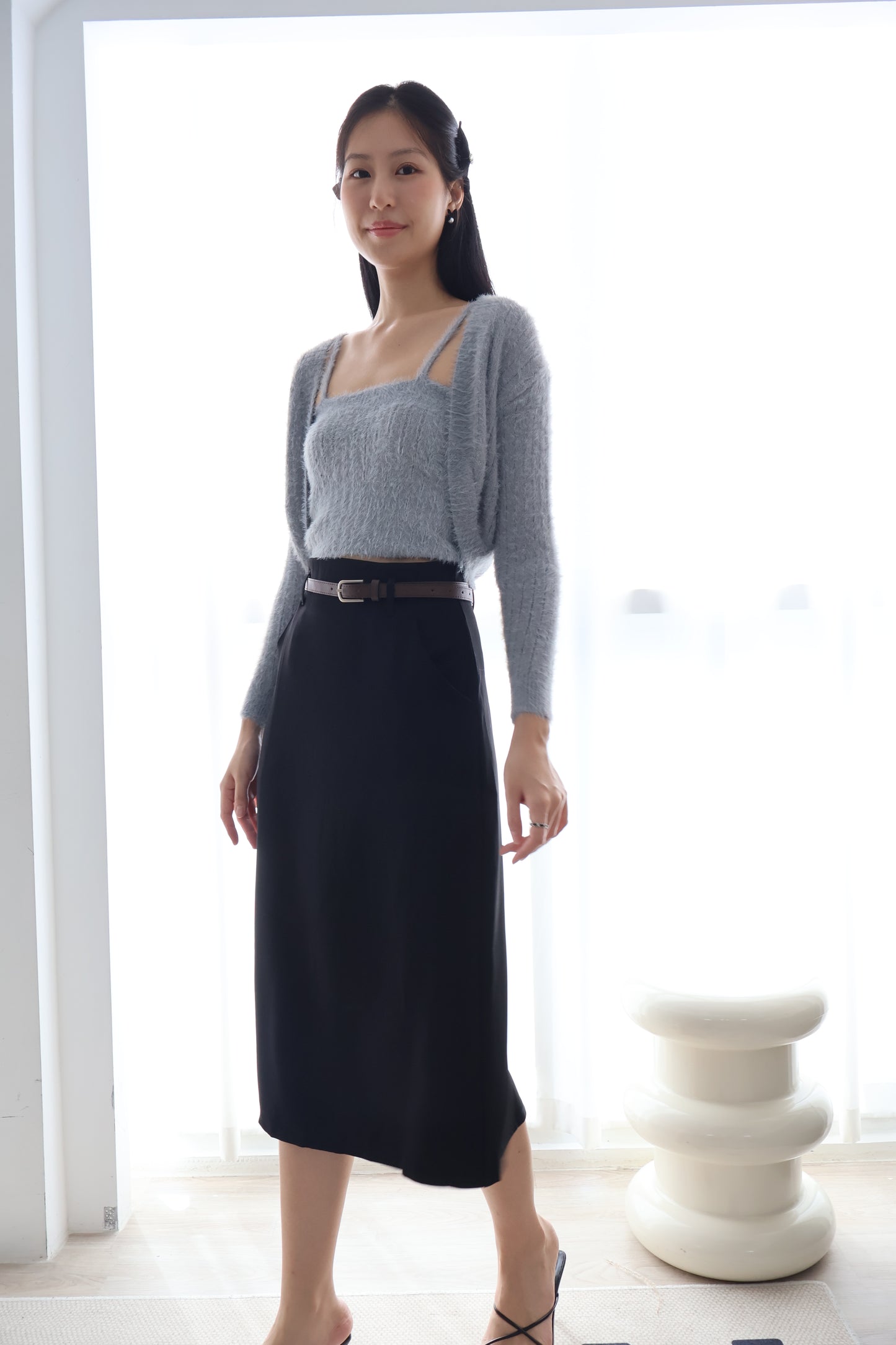 Bloom Belted Midi A-Line Skirt In Black