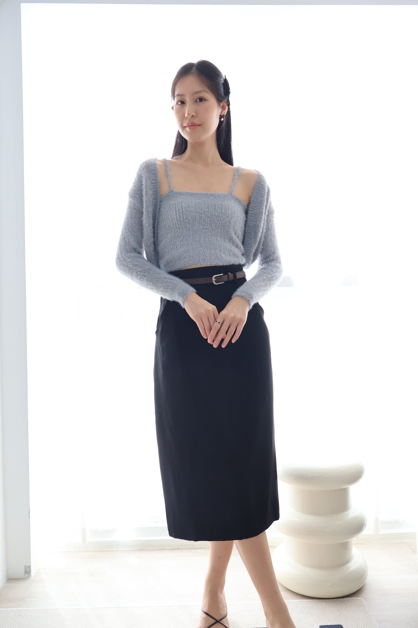 First Crush Furry Cardigan Set In Grey Blue