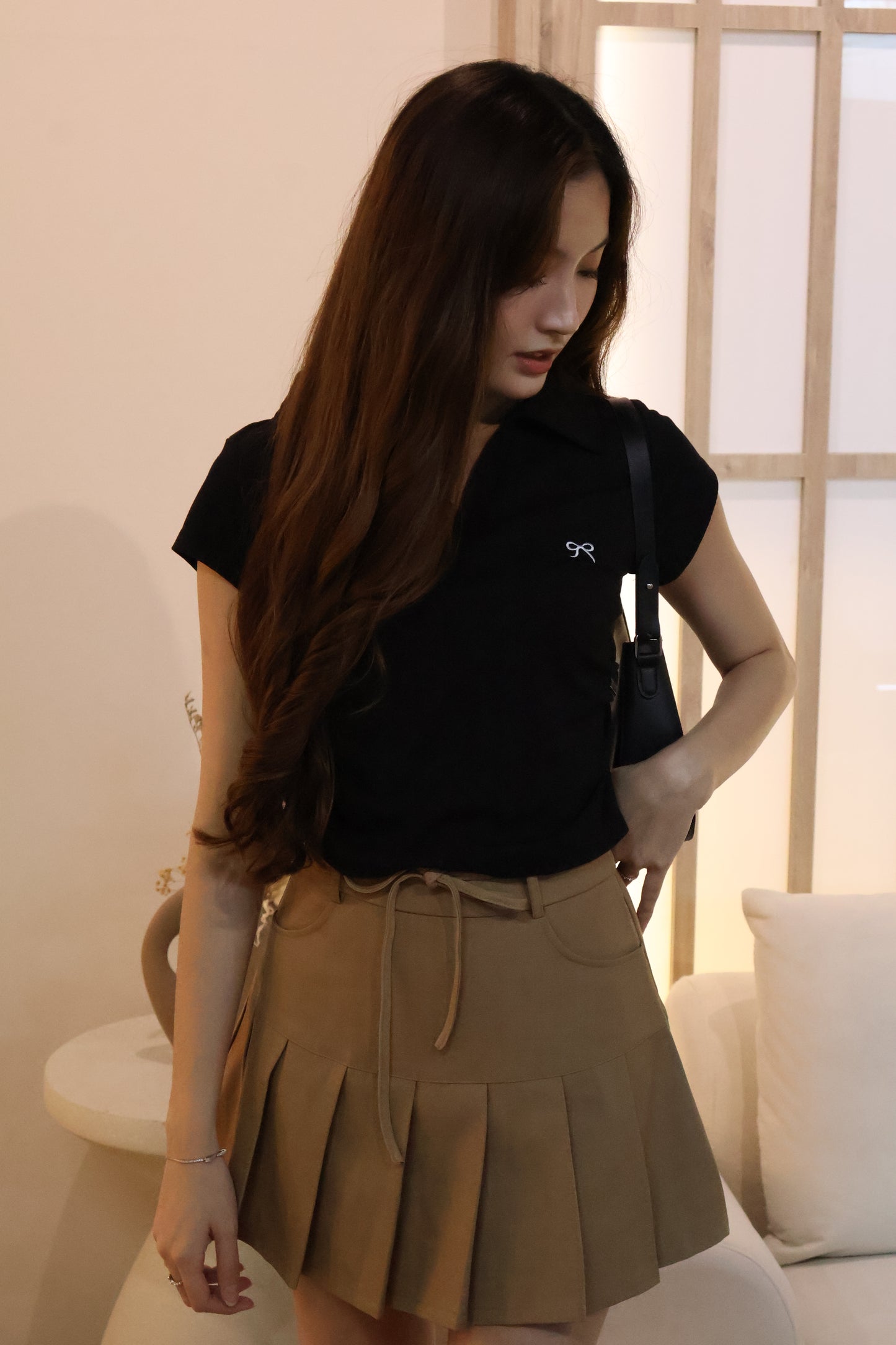 Kate Ribbon Stitched Ruched Top In Black