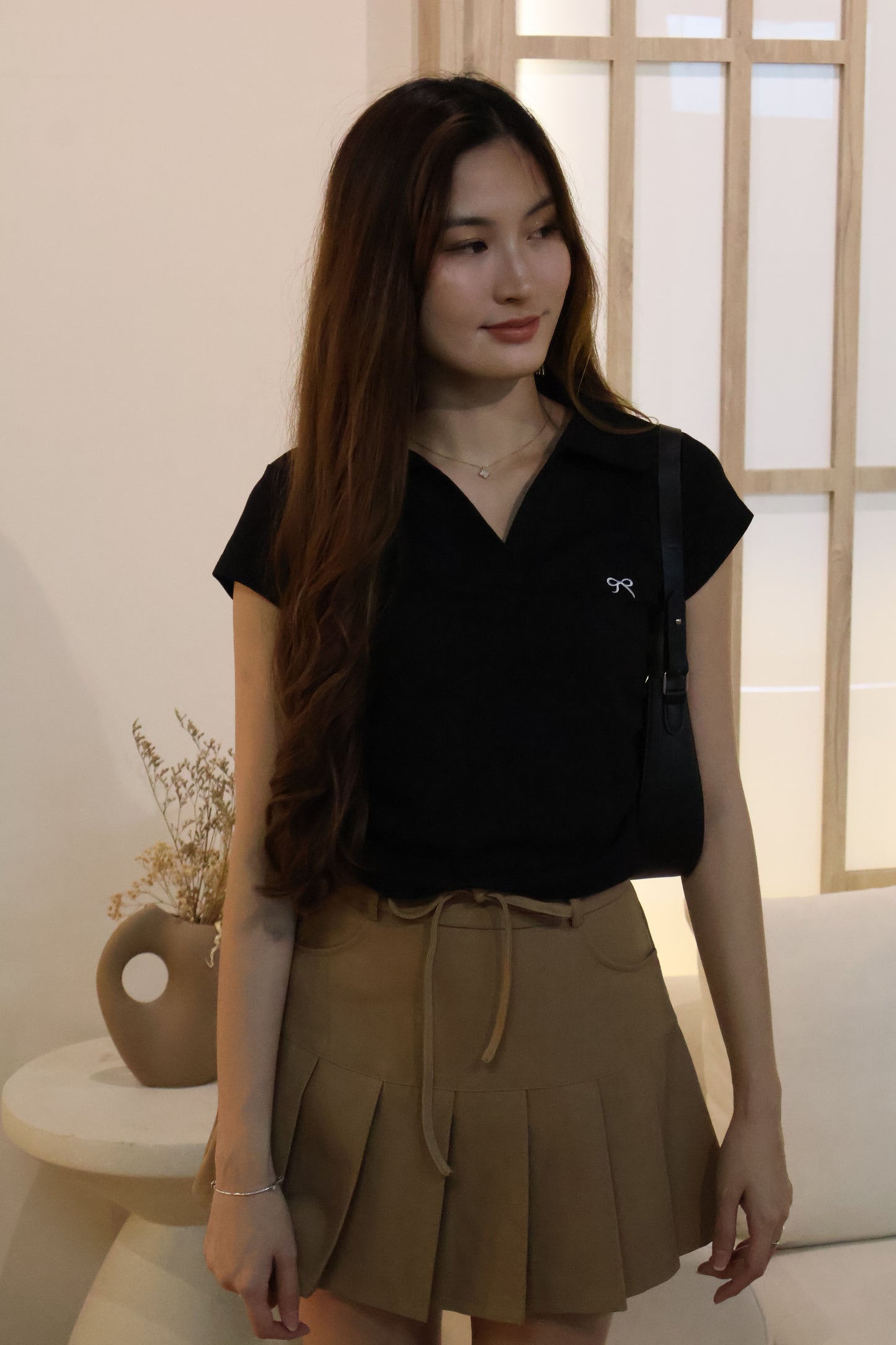 Kate Ribbon Stitched Ruched Top In Black