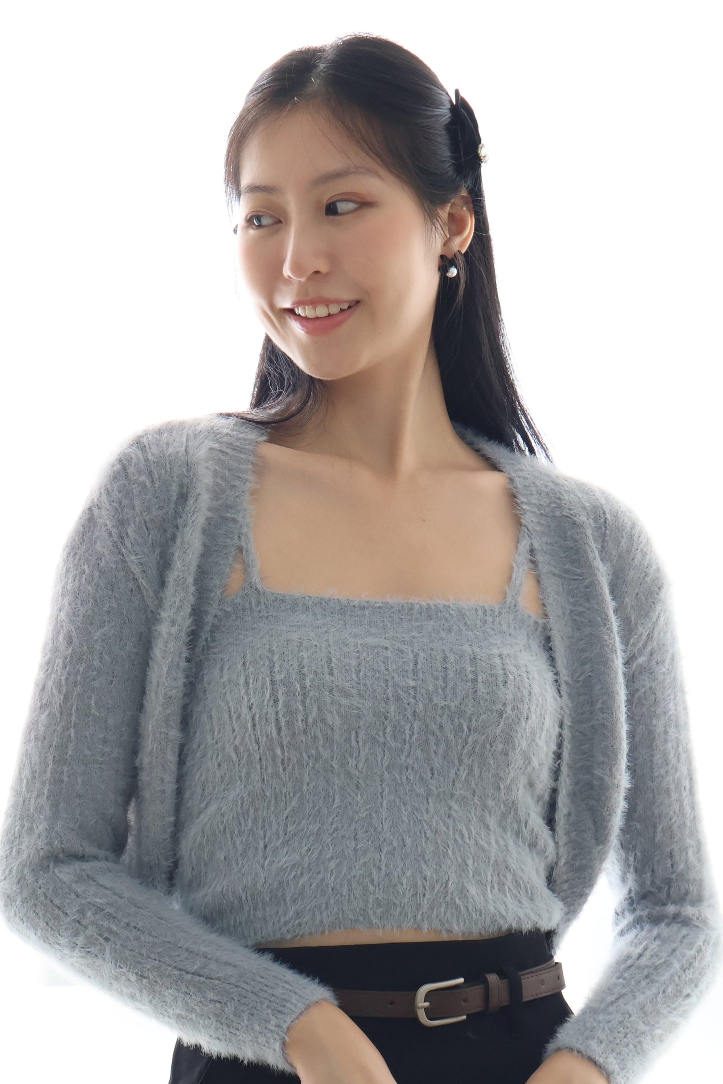 First Crush Furry Cardigan Set In Grey Blue