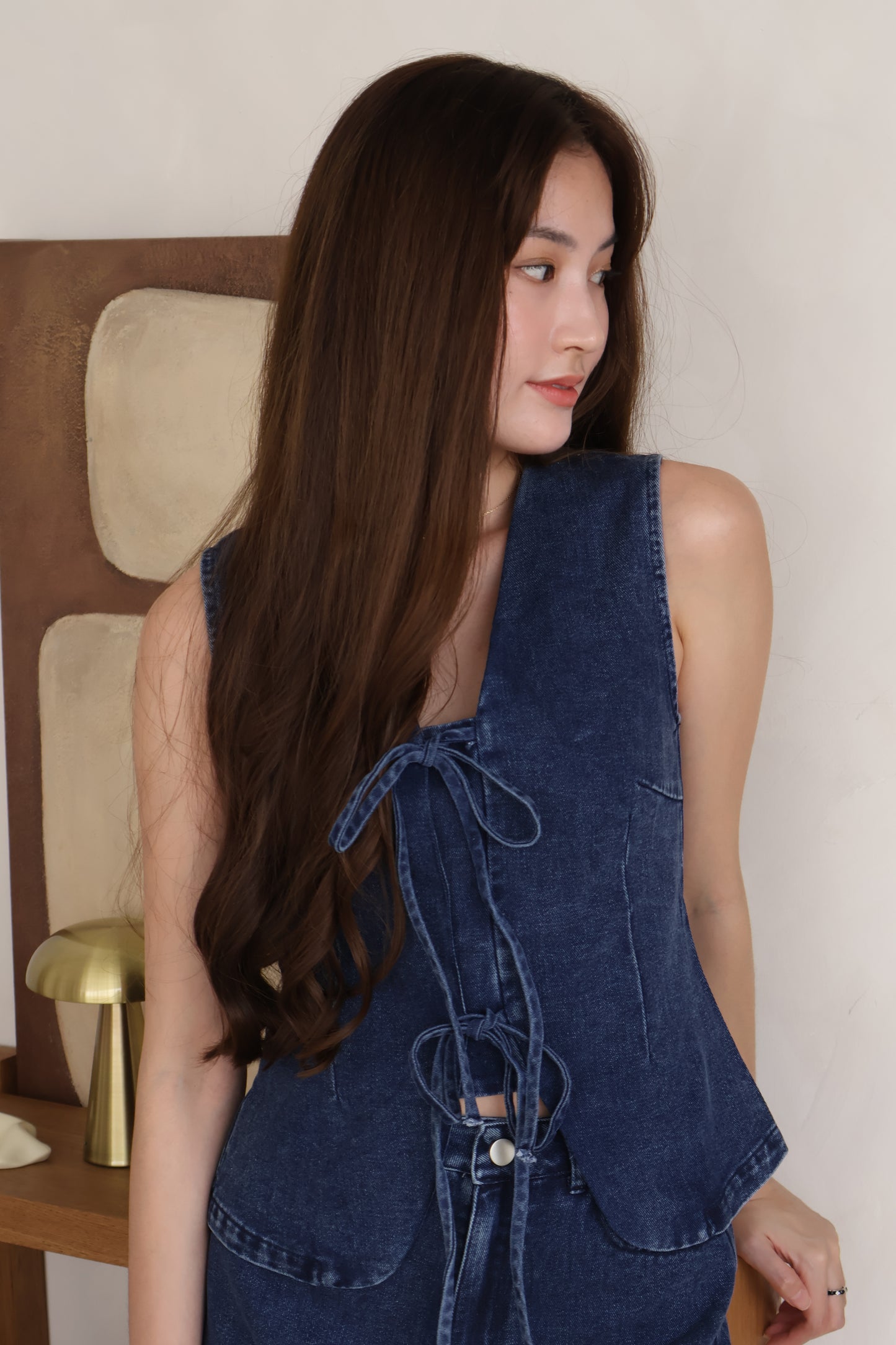 Karlie Ribbon Tie Front Co-Ords In Dark Wash Denim