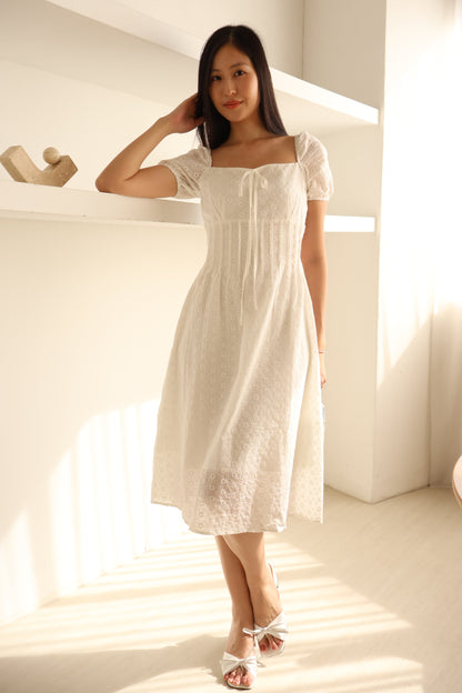 Kymi Eyelet Petal Midi Dress In White