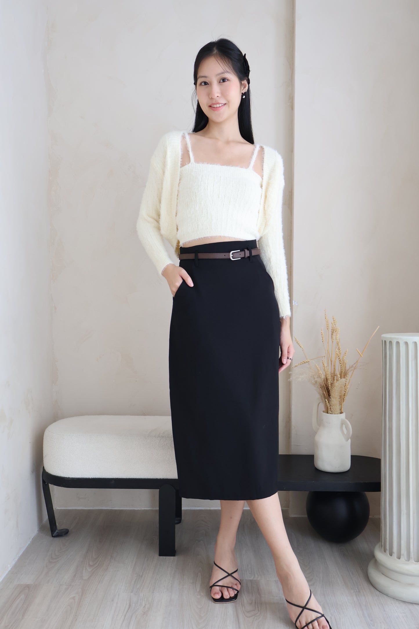 Bloom Belted Midi A-Line Skirt In Black