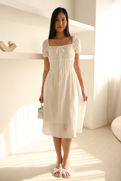 Kymi Eyelet Petal Midi Dress In White