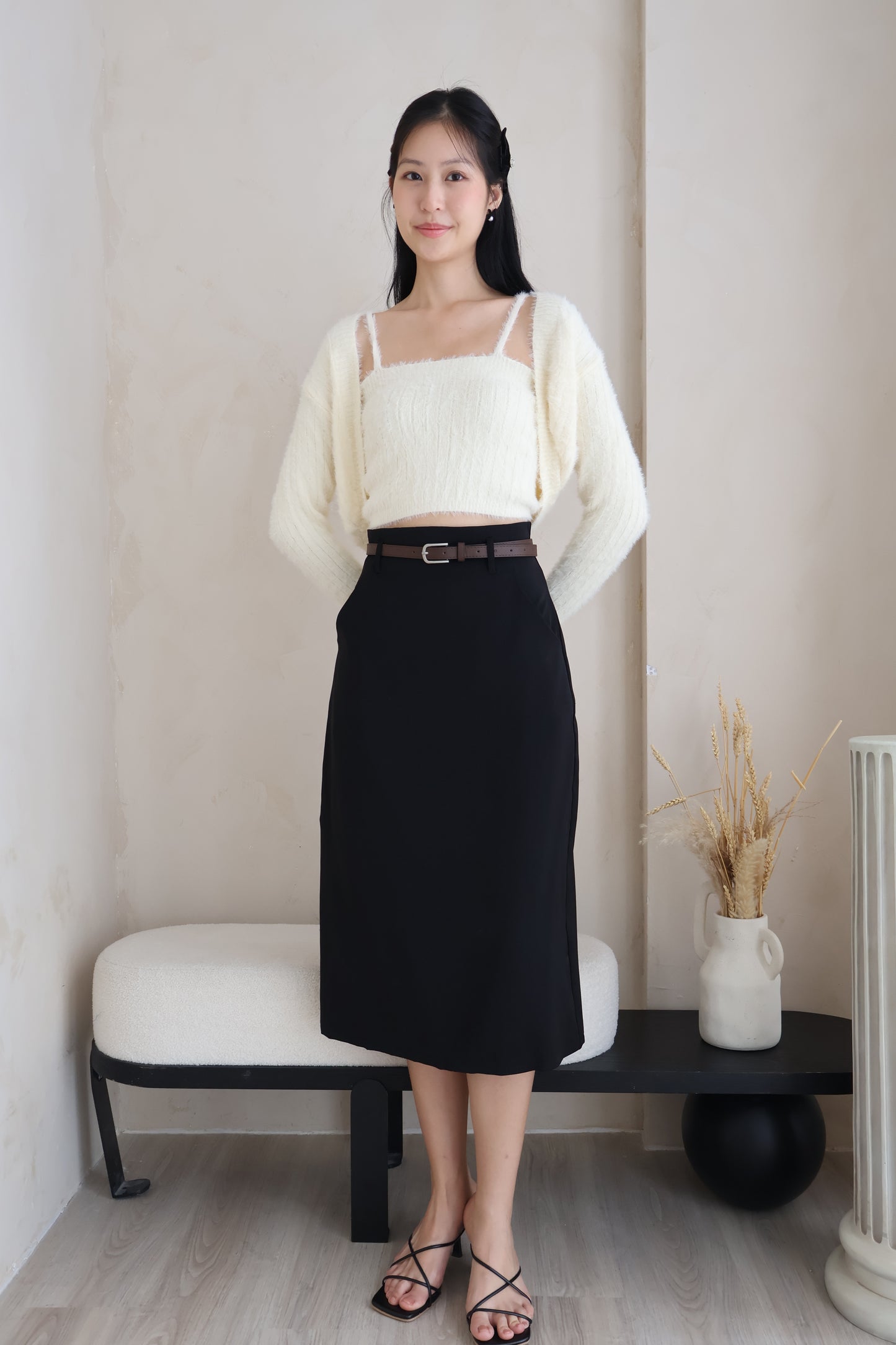 Bloom Belted Midi A-Line Skirt In Black