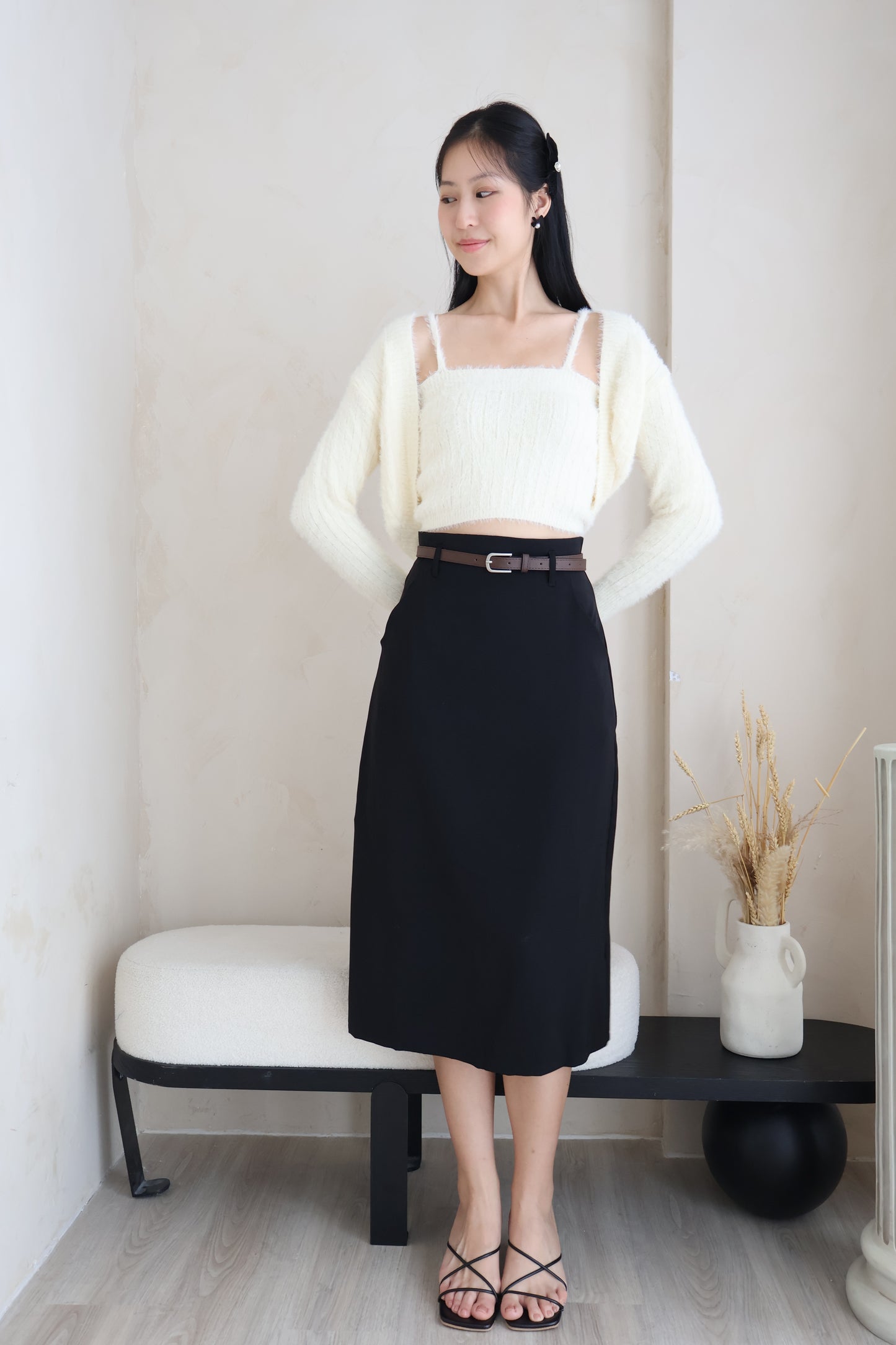Bloom Belted Midi A-Line Skirt In Black