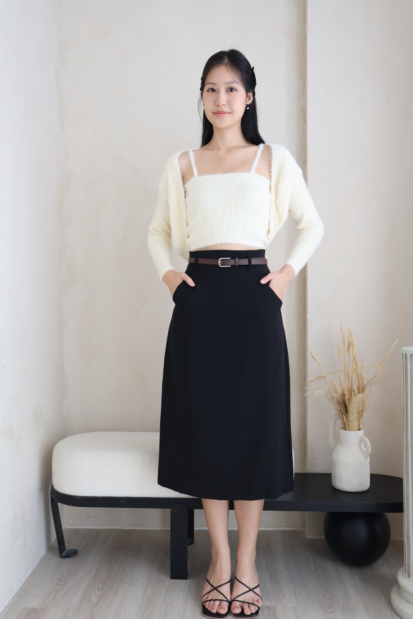 Bloom Belted Midi A-Line Skirt In Black