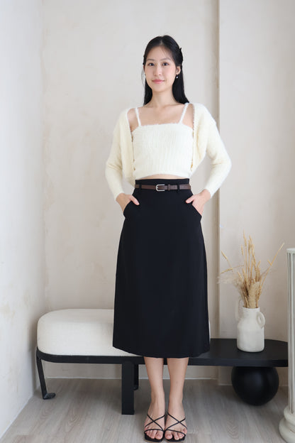 Bloom Belted Midi A-Line Skirt In Black