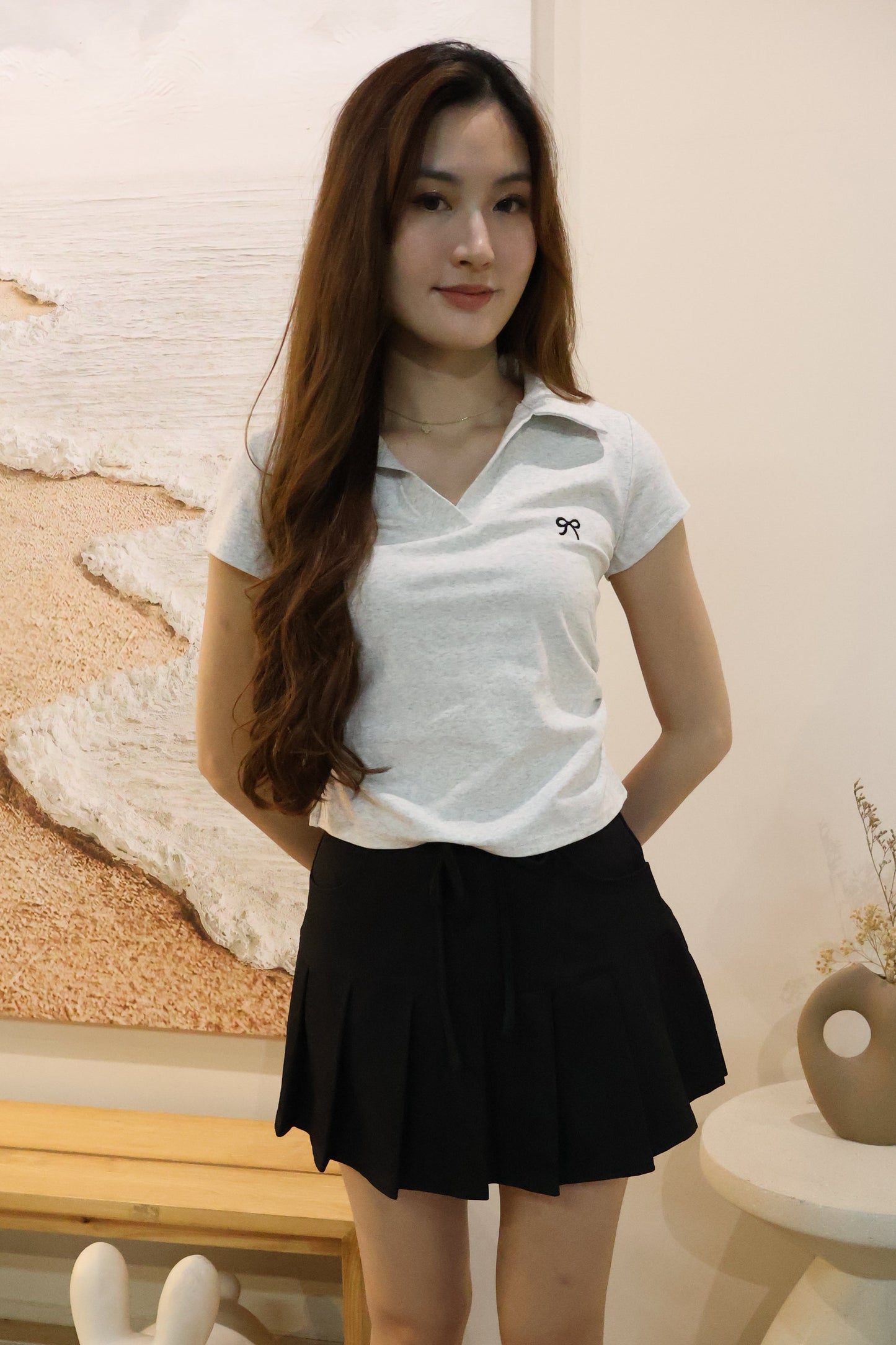 Kate Ribbon Stitched Ruched Top In Grey