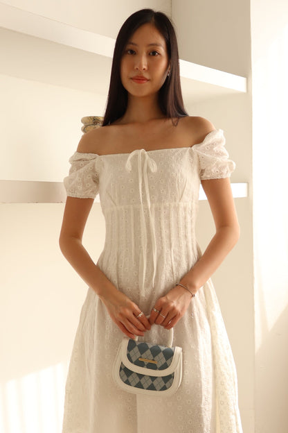 Kymi Eyelet Petal Midi Dress In White