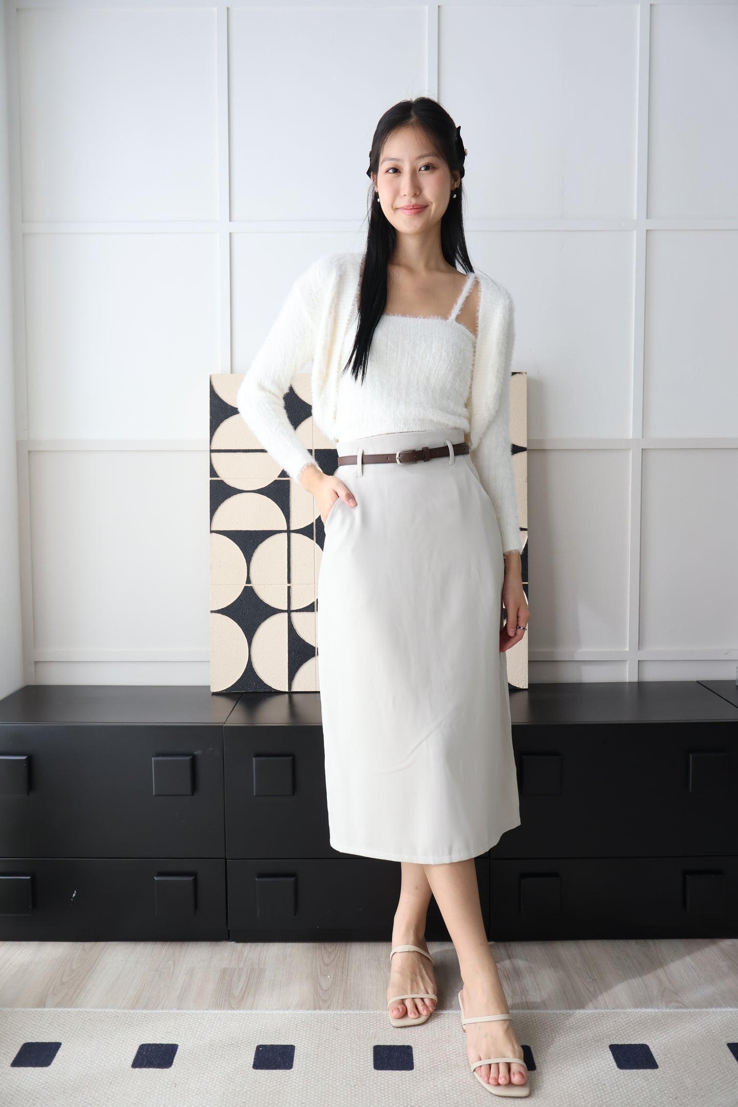 First Crush Furry Cardigan Set In Milk White