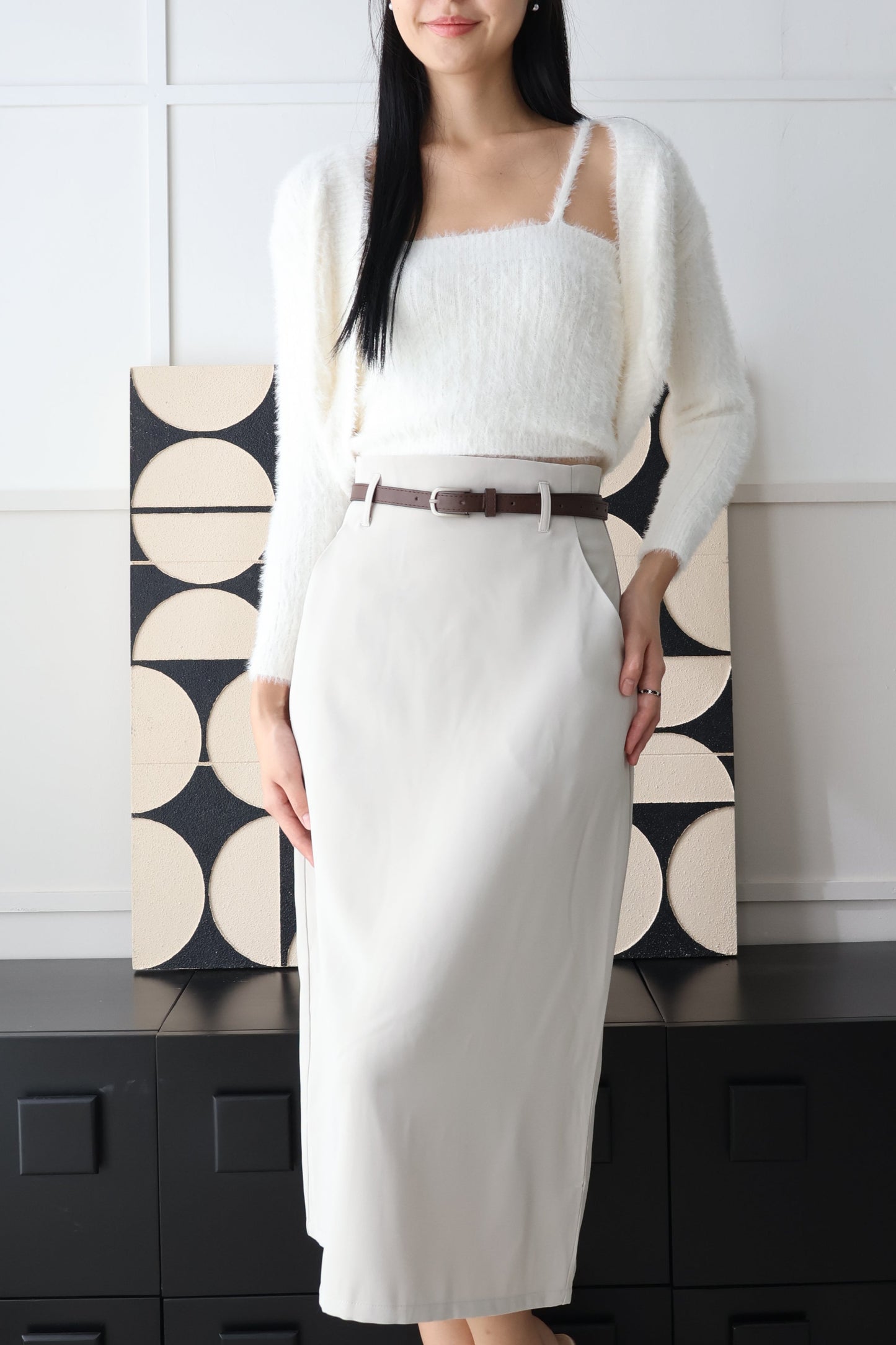 Bloom Belted Midi A-Line Skirt In Light Grey