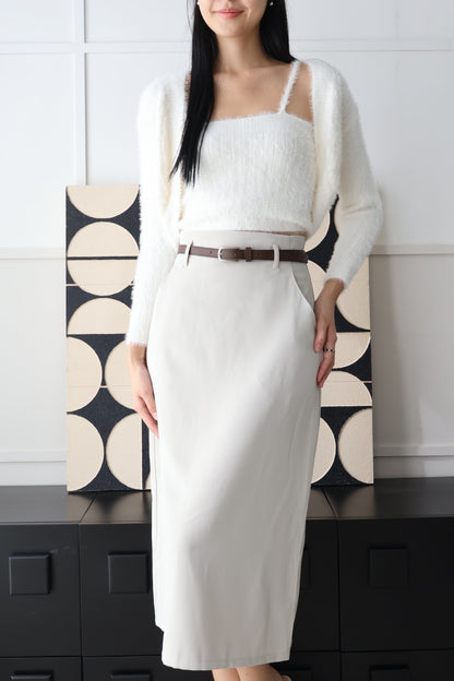 Bloom Belted Midi A-Line Skirt In Light Grey