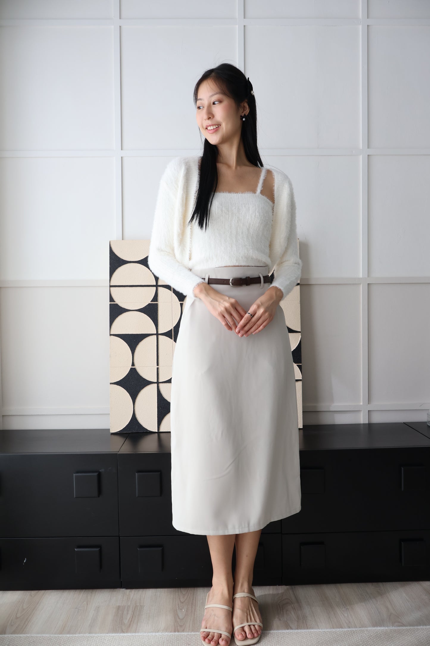 First Crush Furry Cardigan Set In Milk White