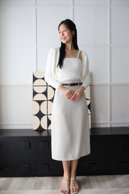 Bloom Belted Midi A-Line Skirt In Light Grey