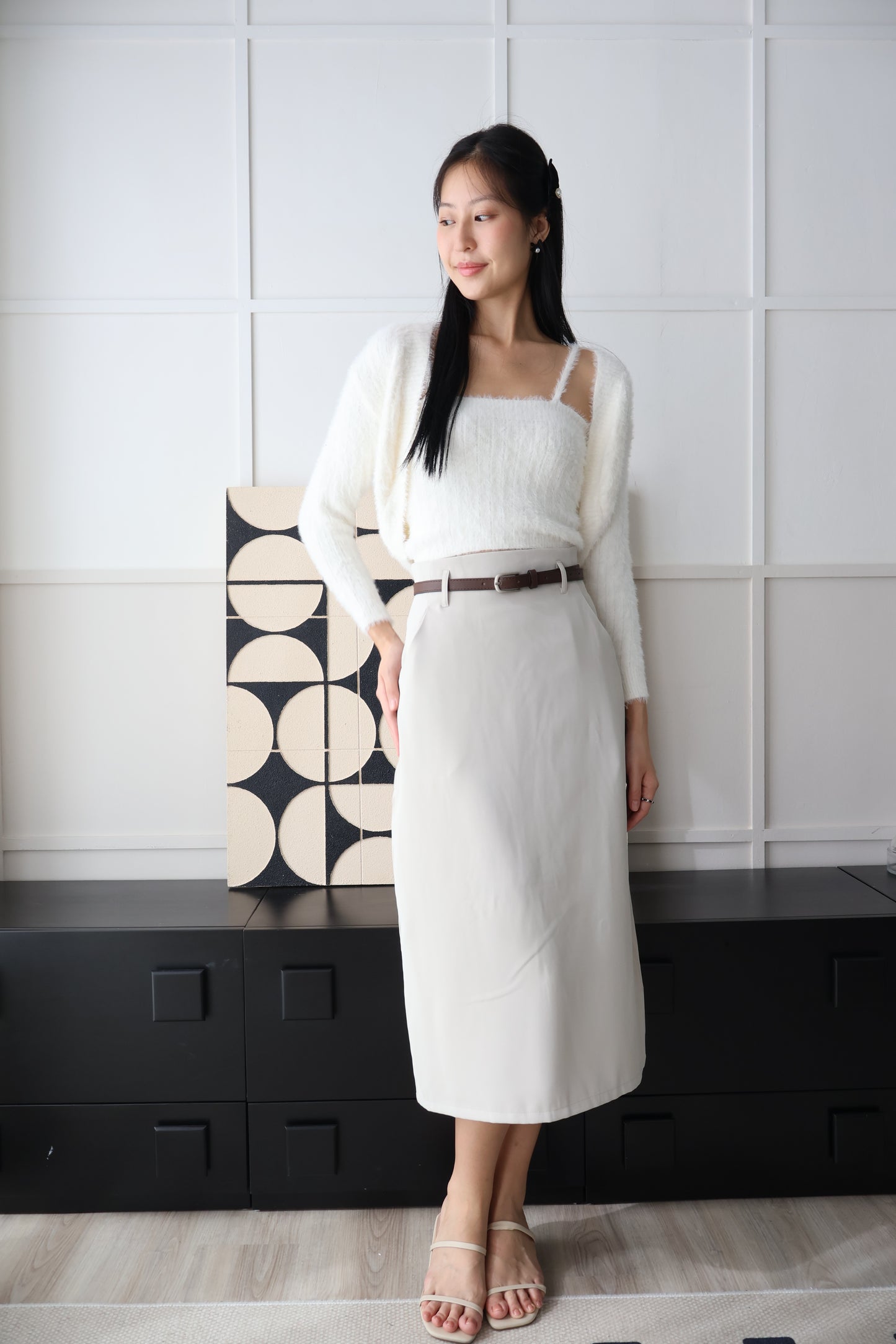 First Crush Furry Cardigan Set In Milk White