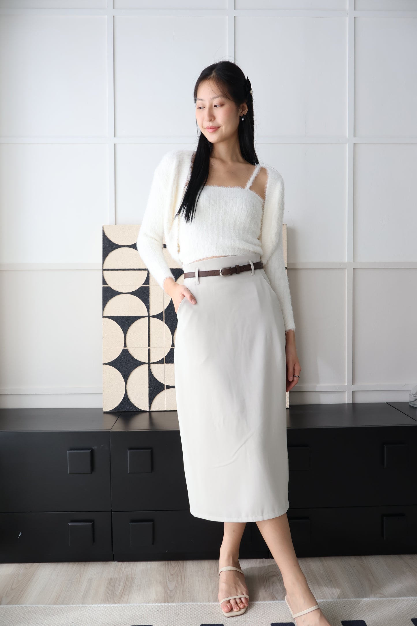 Bloom Belted Midi A-Line Skirt In Light Grey