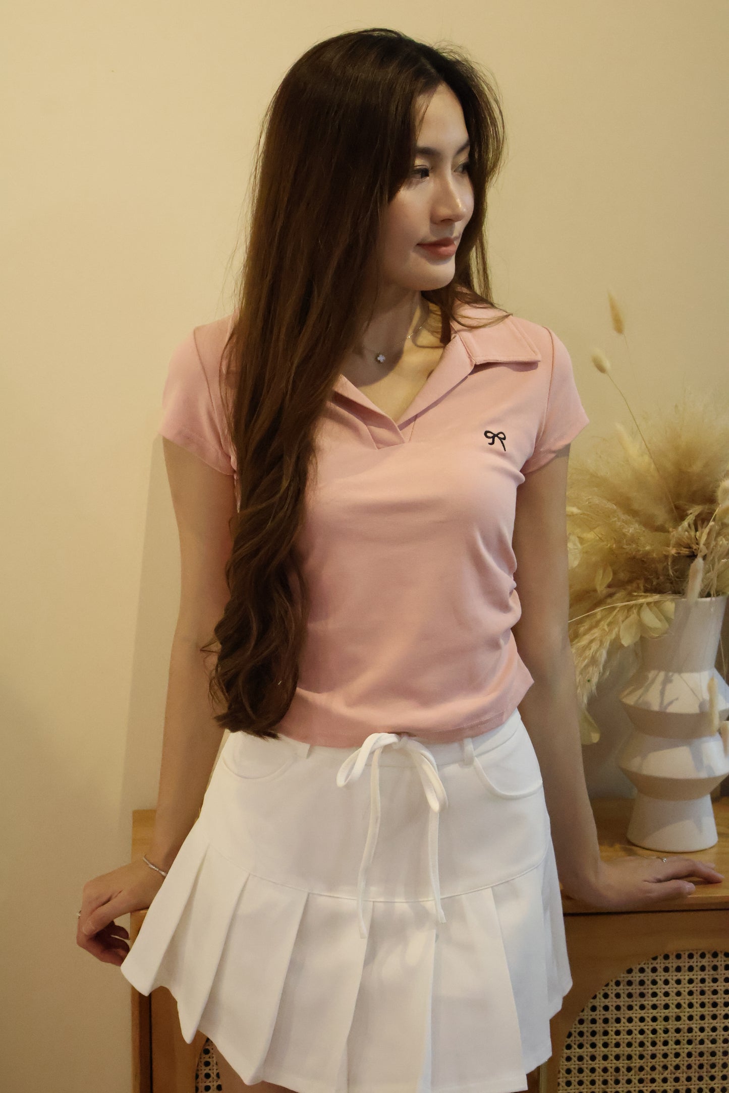 Kate Ribbon Stitched Ruched Top In Pink