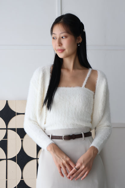 First Crush Furry Cardigan Set In Milk White