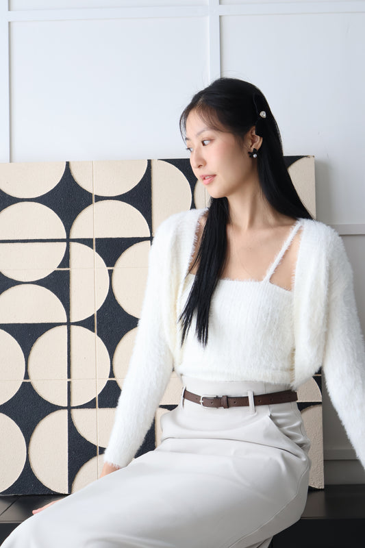 First Crush Furry Cardigan Set In Milk White