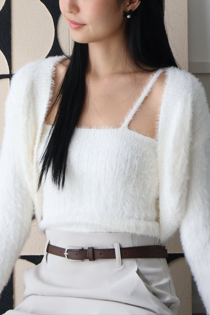 First Crush Furry Cardigan Set In Milk White