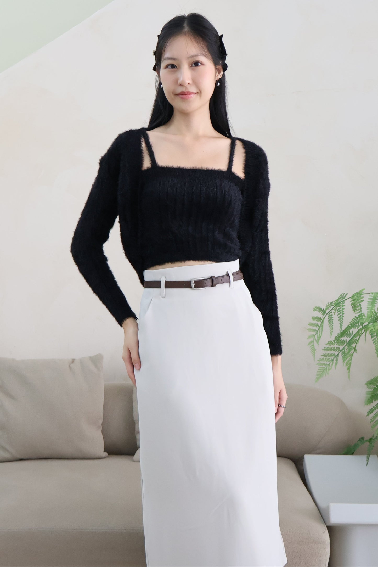 Bloom Belted Midi A-Line Skirt In Light Grey