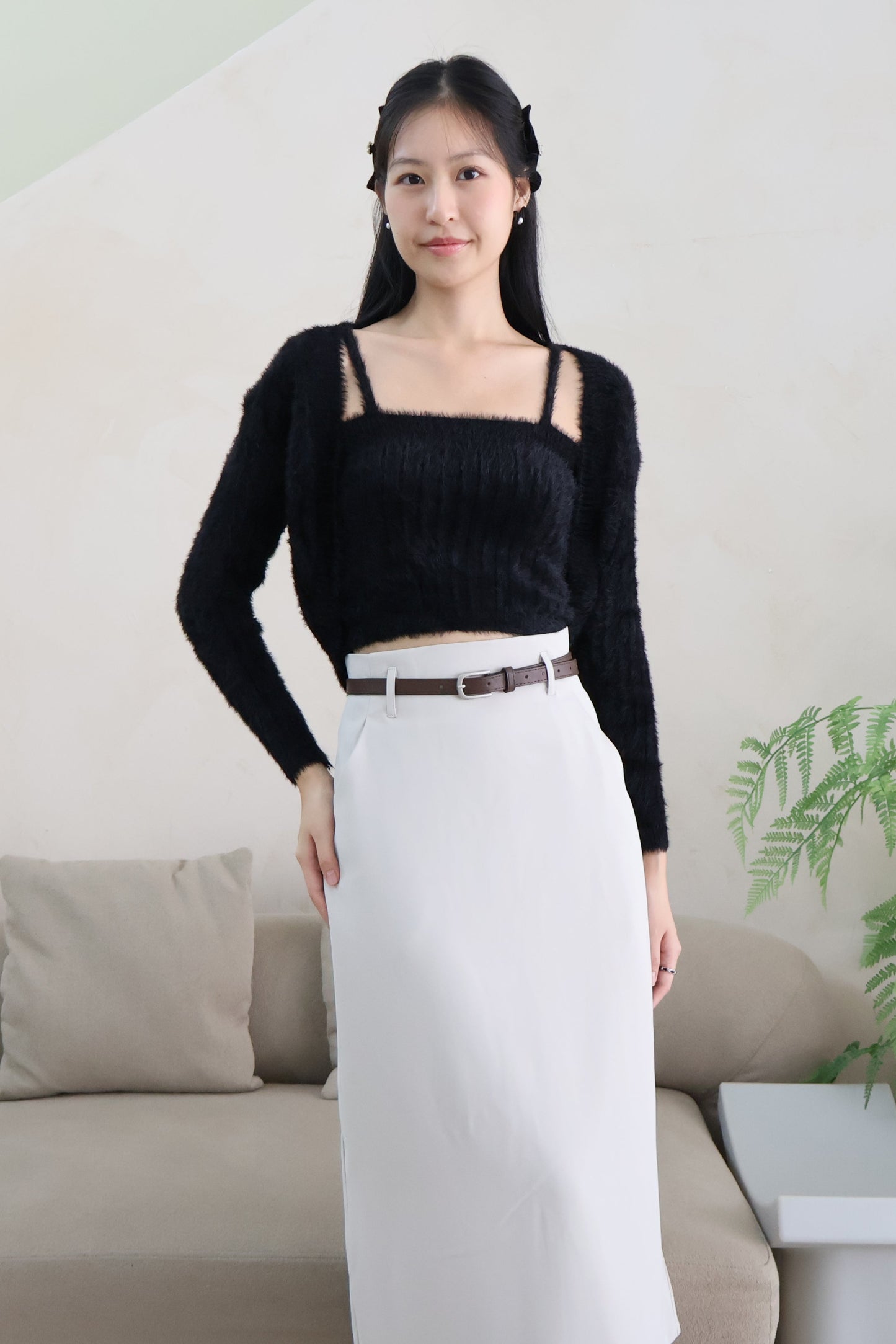 First Crush Furry Cardigan Set In Classic Black