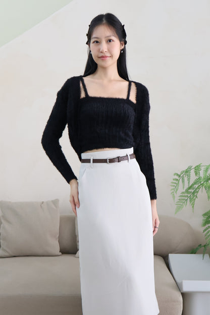 First Crush Furry Cardigan Set In Classic Black