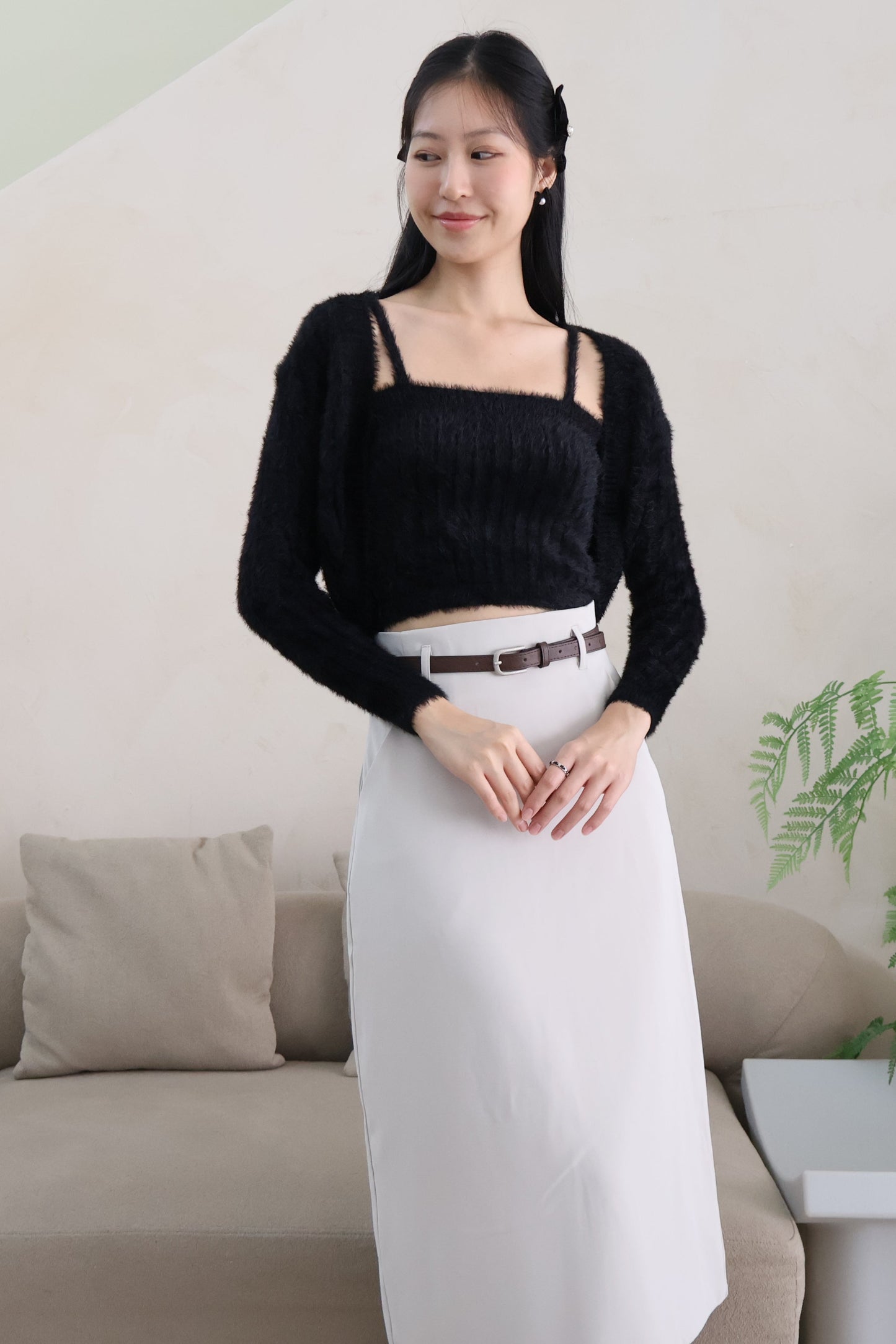 First Crush Furry Cardigan Set In Classic Black