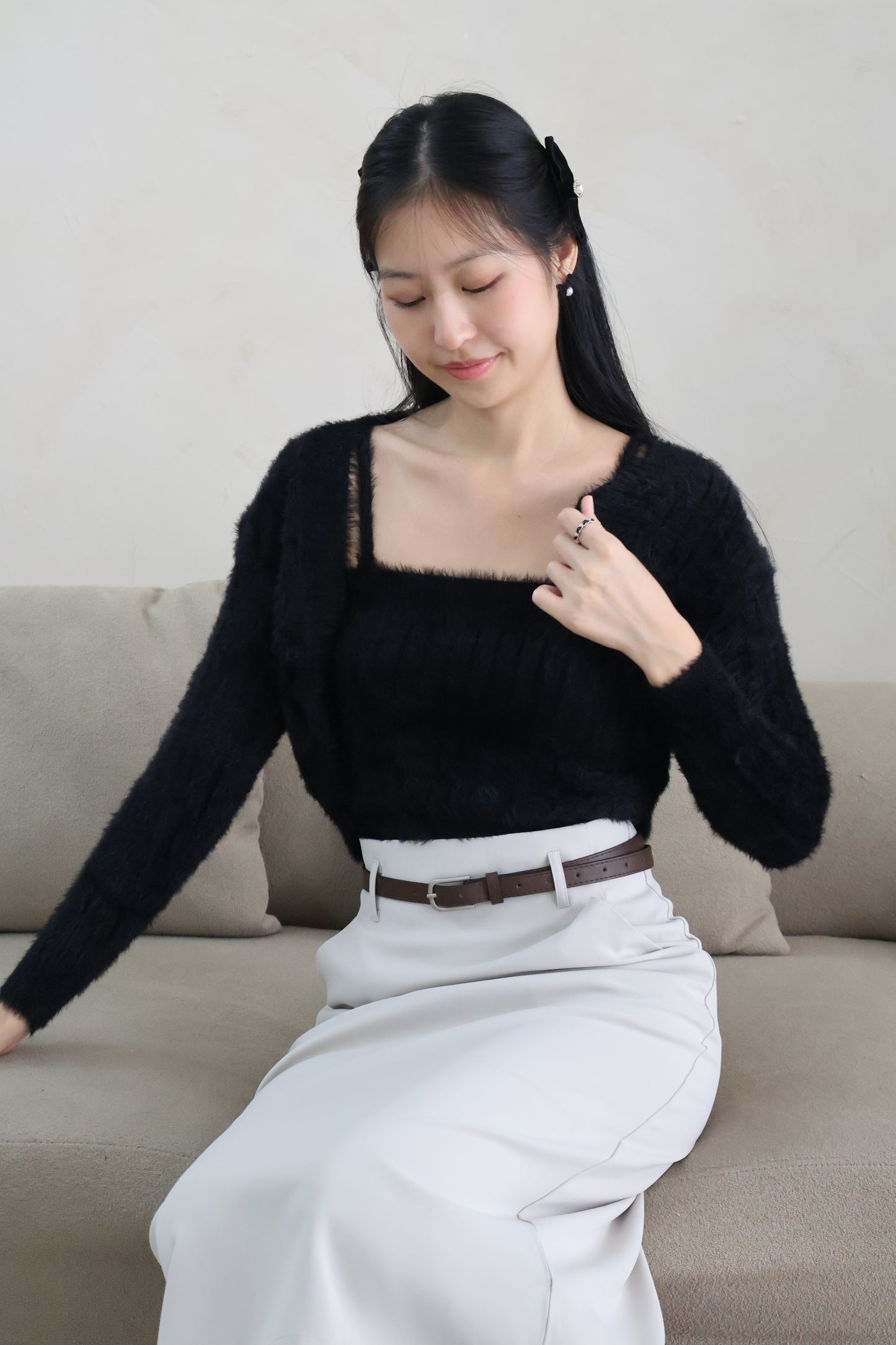 First Crush Furry Cardigan Set In Classic Black