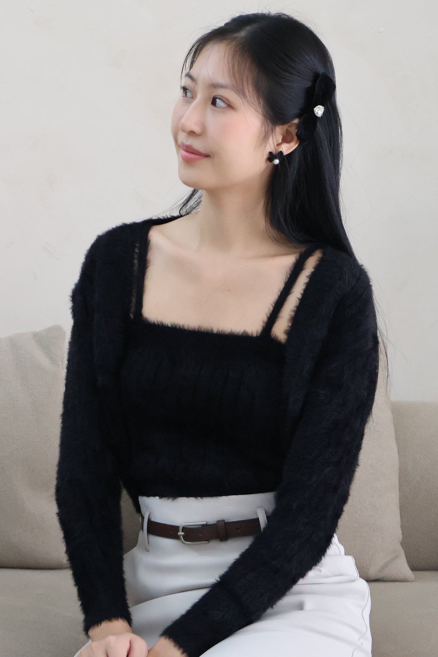 First Crush Furry Cardigan Set In Classic Black