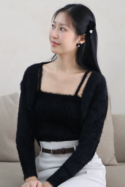 First Crush Furry Cardigan Set In Classic Black