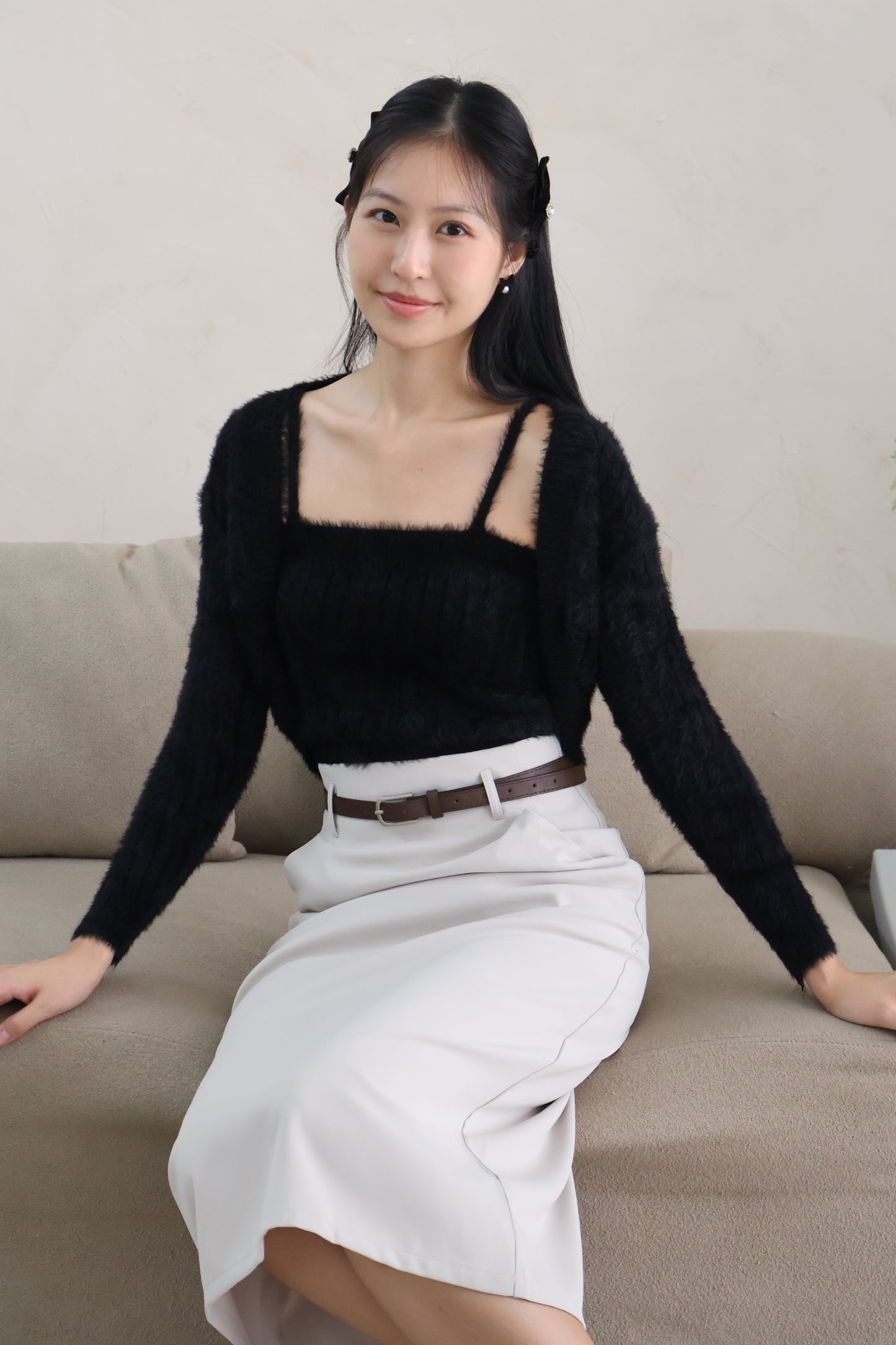 First Crush Furry Cardigan Set In Classic Black