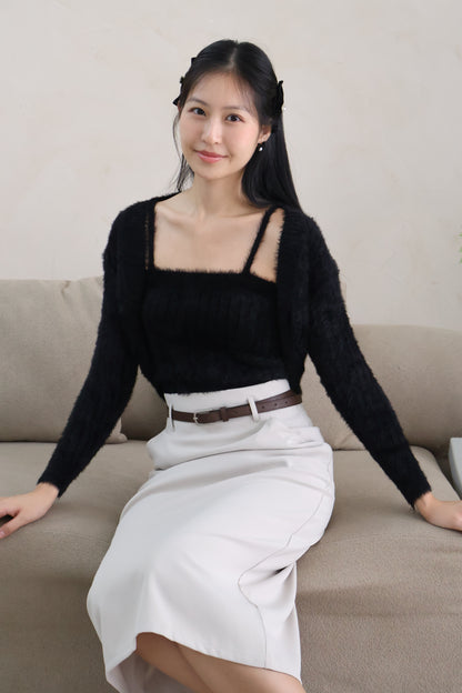 First Crush Furry Cardigan Set In Classic Black