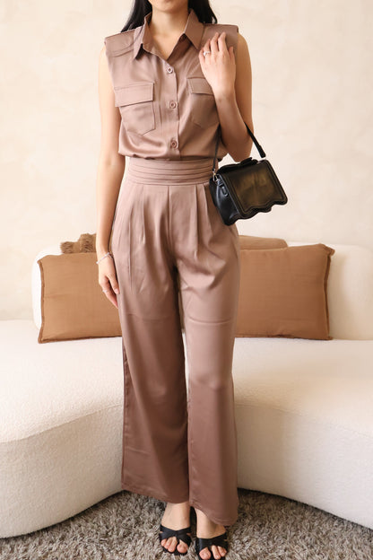 Rory Button Satin Co-Ords Set In Earth