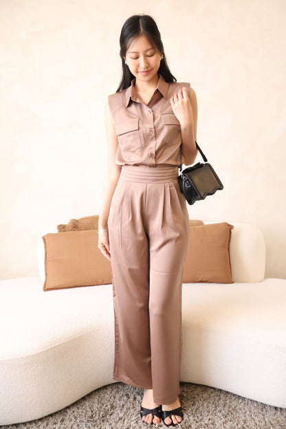 Rory Button Satin Co-Ords Set In Earth