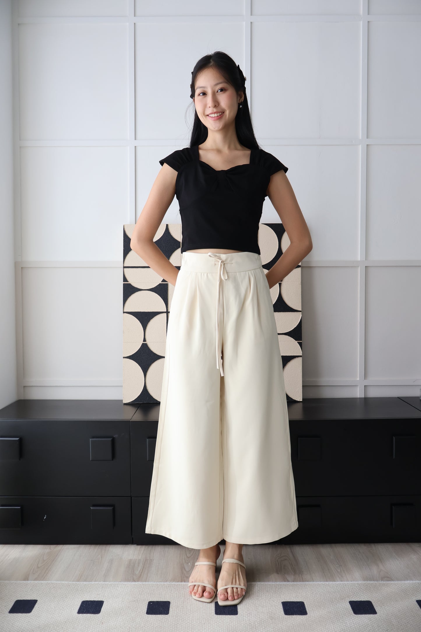 Laura Ribbon Tie Front Flare Pants In Cream