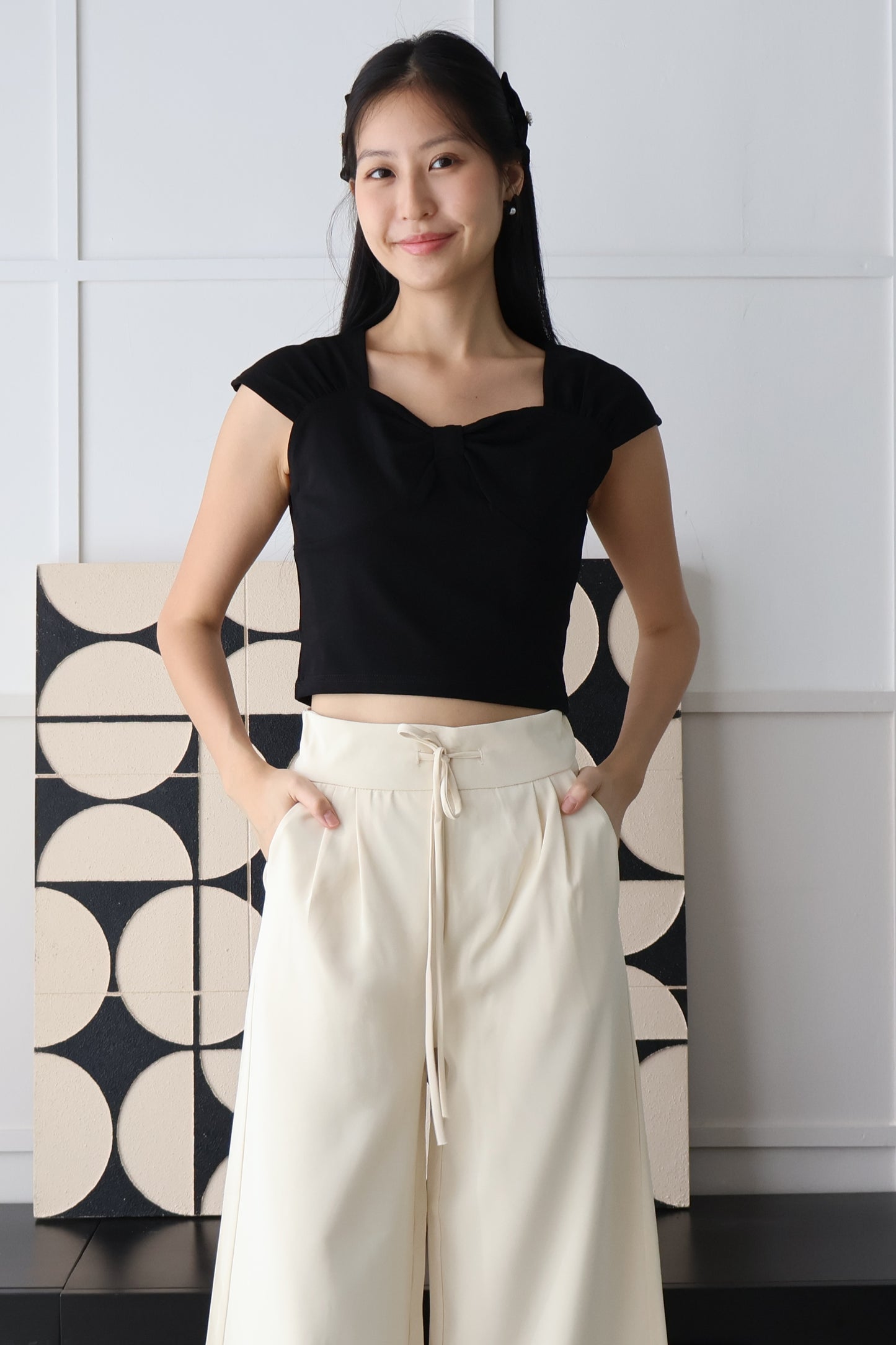 Laura Ribbon Tie Front Flare Pants In Cream