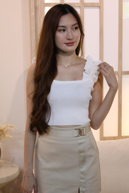 Myra Ruffles Ribbed Top In White