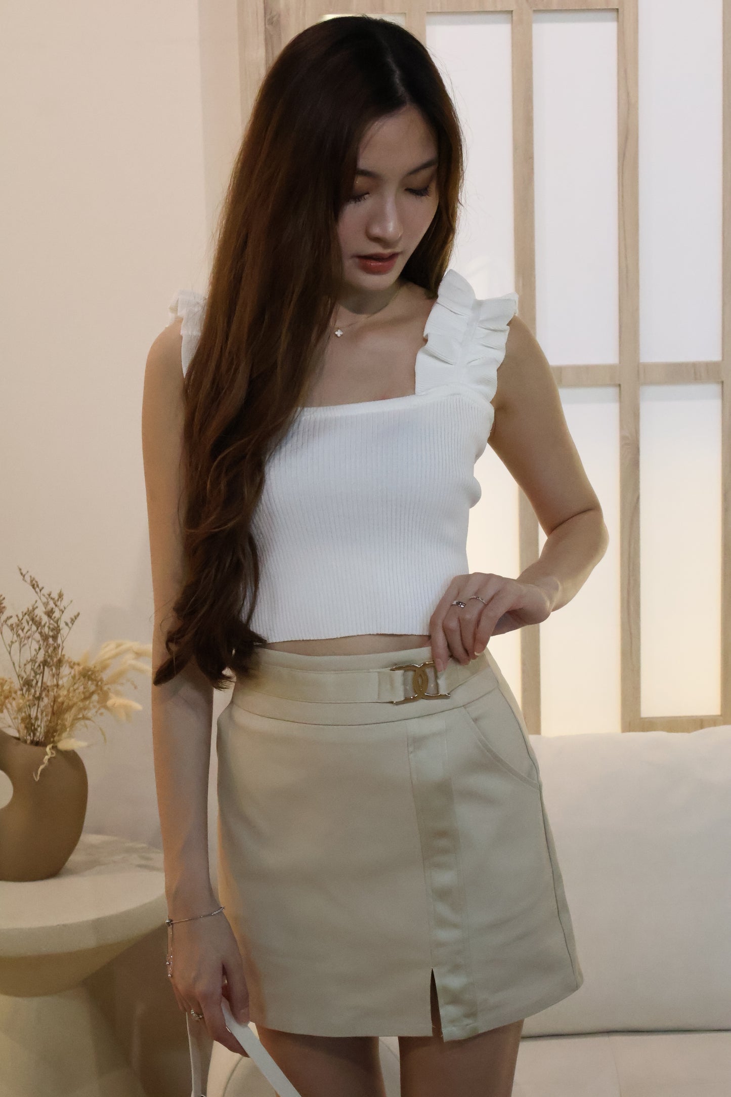 Myra Ruffles Ribbed Top In White