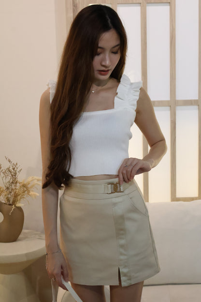 Myra Ruffles Ribbed Top In White